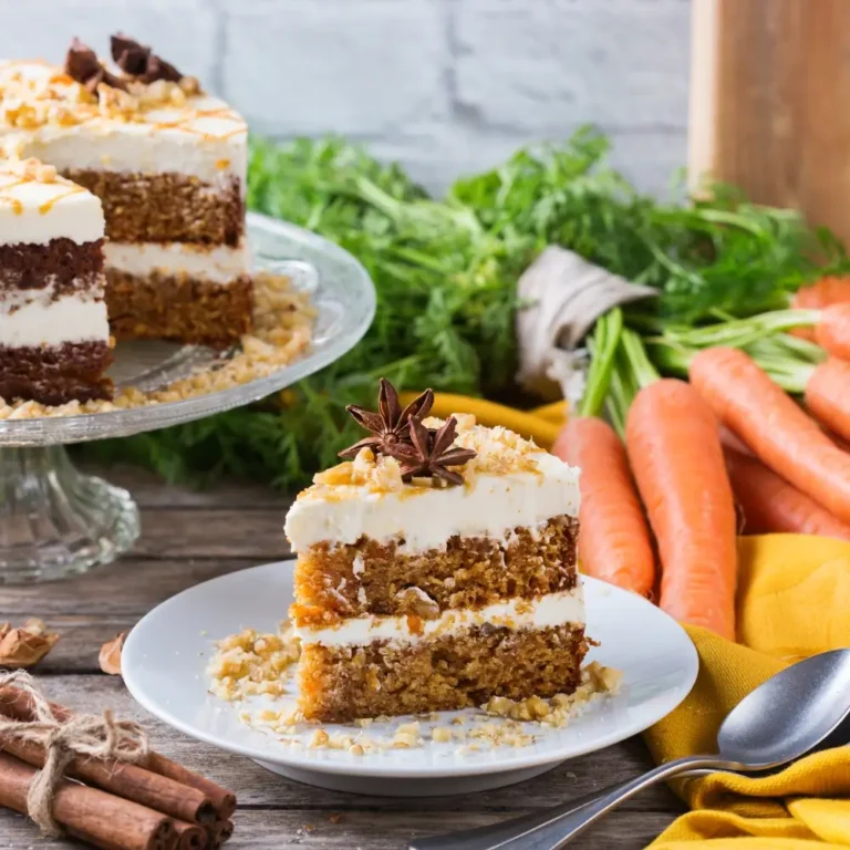 A slice of moist carrot cake topped with cream cheese frosting and garnished with shredded carrots.