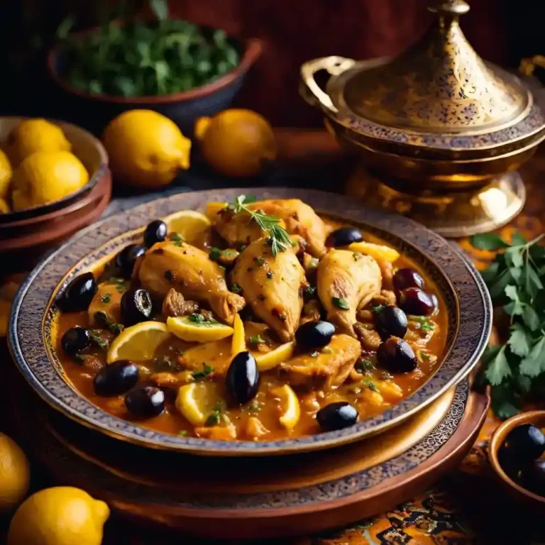 A traditional chicken tagine with tender chicken, olives, preserved lemons, and aromatic spices, served in a tagine dish.