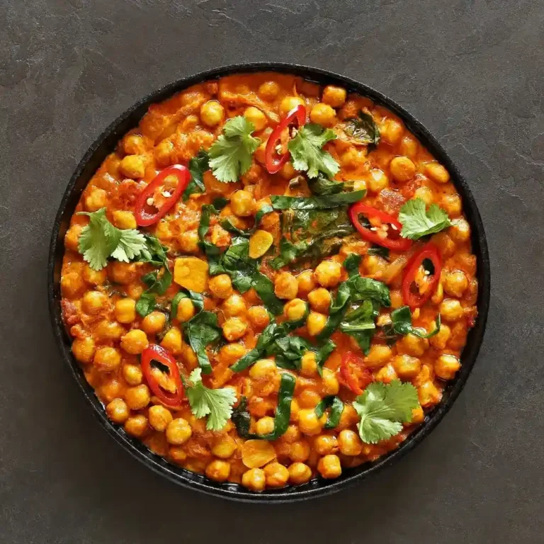 Chickpea Curry Recipe: A hearty dish served in a bowl, with vibrant spices and vegetables, garnished with fresh coriander.