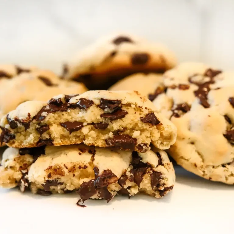 Chocolate Chip Cookie Recipe: Freshly baked with golden edges and gooey chocolate chips, placed on a cooling rack.