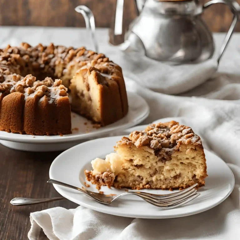 A moist coffee cake topped with a buttery cinnamon streusel, perfect for breakfast or dessert.