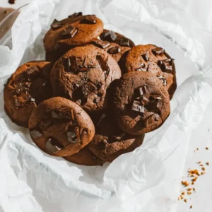 A plate of double chocolate cookies, rich and chewy with gooey chocolate chunks, perfect for chocolate lovers.