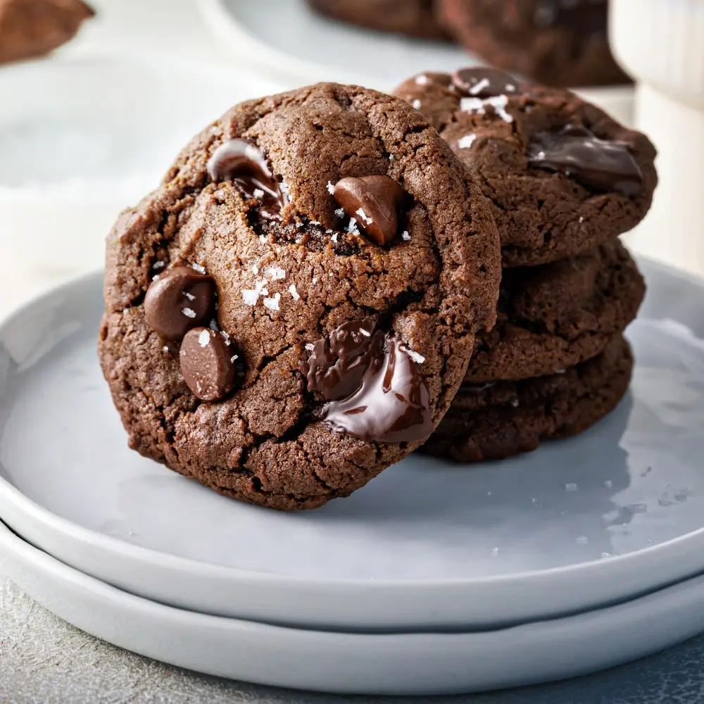 A plate of double chocolate cookies, rich and chewy with gooey chocolate chunks, perfect for chocolate lovers.