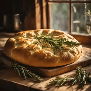 A golden-brown focaccia bread topped with fresh rosemary, olive oil, and flaky sea salt, perfect as a side or snack.