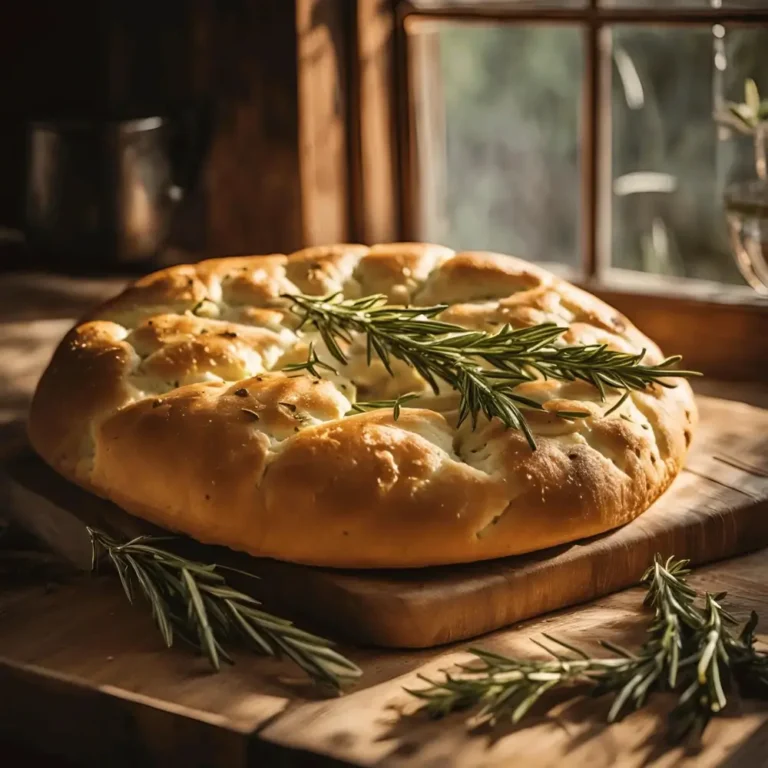 A golden-brown focaccia bread topped with fresh rosemary, olive oil, and flaky sea salt, perfect as a side or snack.