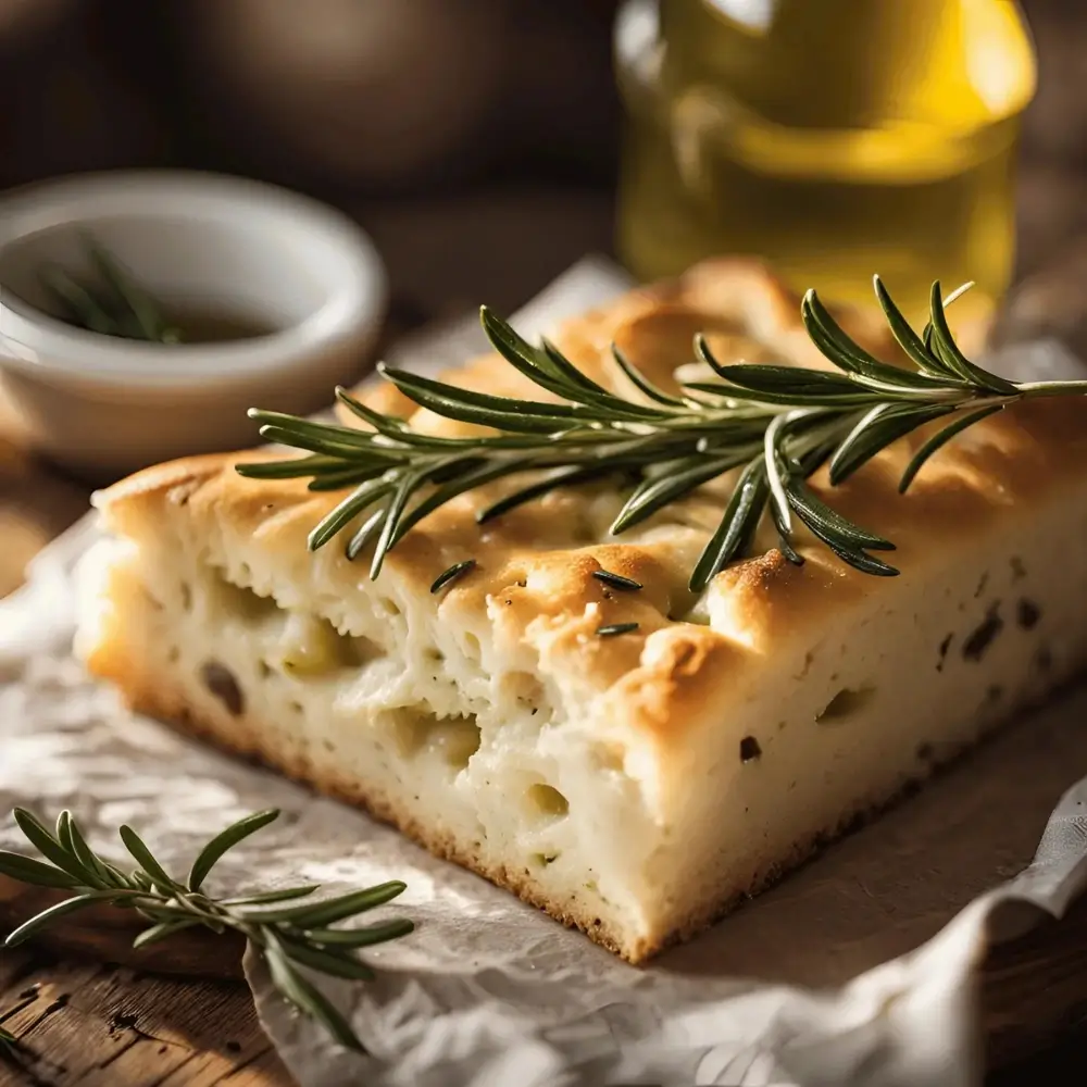 A golden-brown focaccia bread topped with fresh rosemary, olive oil, and flaky sea salt, perfect as a side or snack.