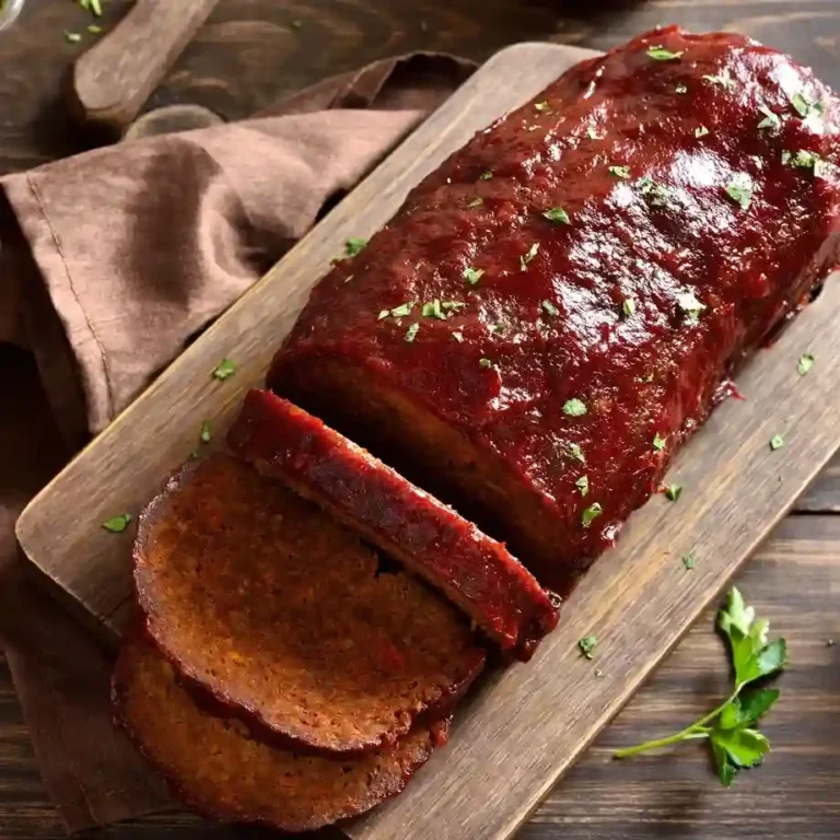 Meatloaf Recipe: A hearty dish topped with a rich glaze, sliced ​​to reveal its moist, flavorful interior.