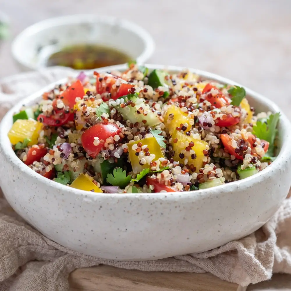 Quinoa Bowl Recipe: A vibrant bowl filled with fresh veggies, protein, and a flavorful dressing, perfect for a healthy meal.
