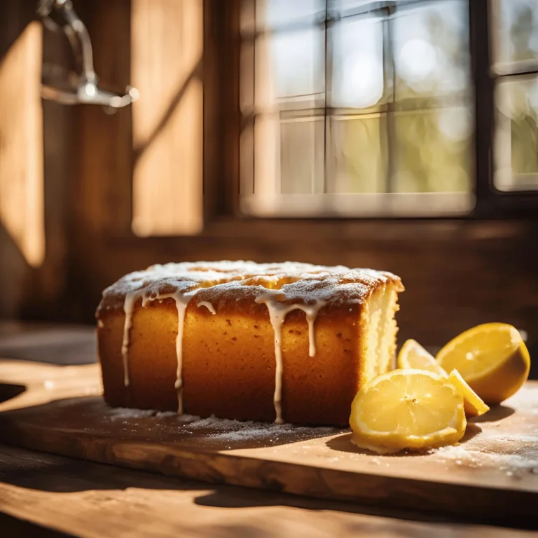 A slice of lemon drizzle cake, topped with a zesty lemon glaze and showcasing a light, fluffy texture.