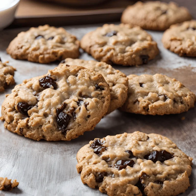 A plate of warm oatmeal raisin cookies, golden brown with plump raisins and a chewy texture.