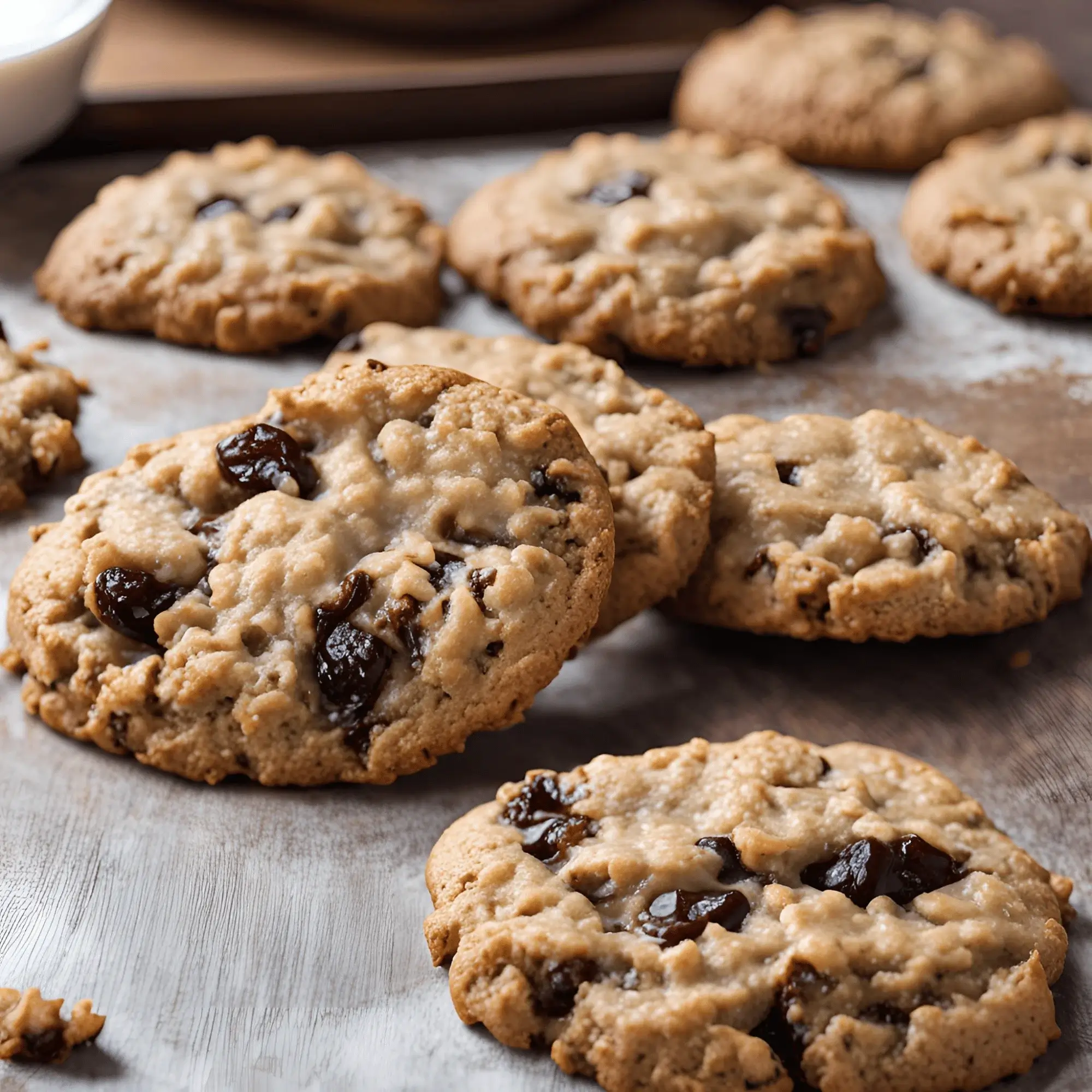 A plate of warm oatmeal raisin cookies, golden brown with plump raisins and a chewy texture.