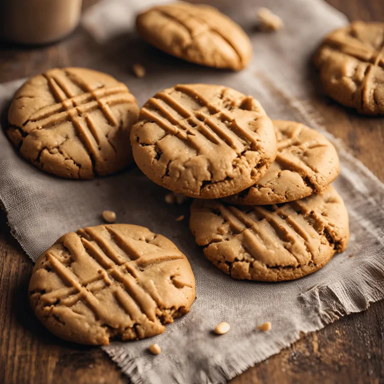 A plate of freshly baked peanut butter cookies, golden brown and with a crisscross pattern on top.