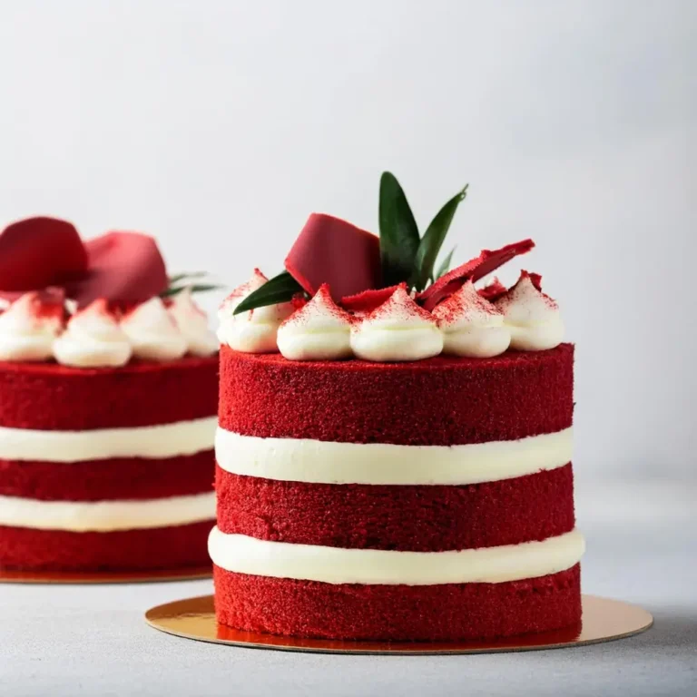 A slice of red velvet cake with a smooth cream cheese frosting, vibrant red color, and moist texture.