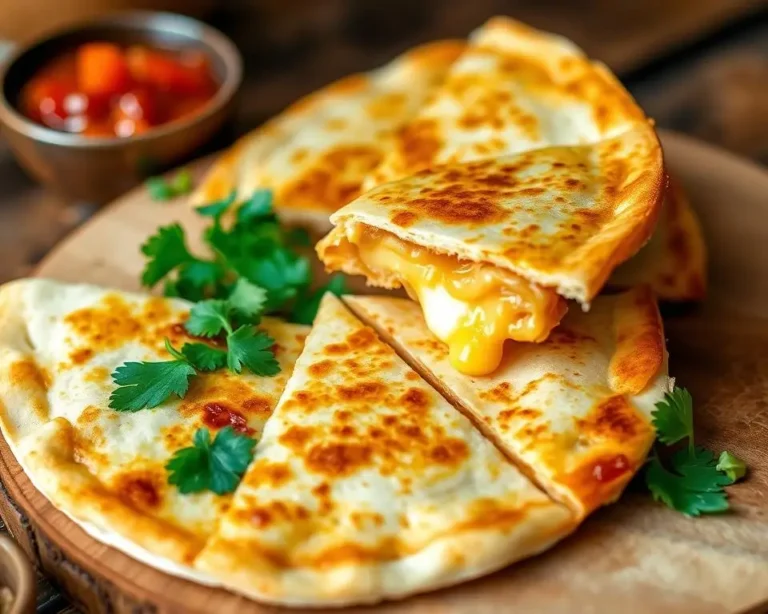 A golden, crispy cheese quesadilla, cut into triangles and served with sour cream and salsa on the side.