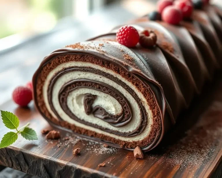 A decadent chocolate cake roll filled with creamy frosting and dusted with powdered sugar, sliced to reveal its swirled interior.