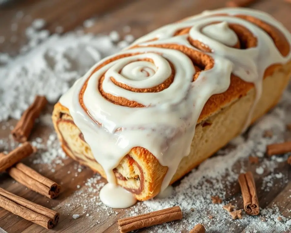 A loaf of cinnamon roll bread with swirls of cinnamon sugar, topped with a creamy glaze.