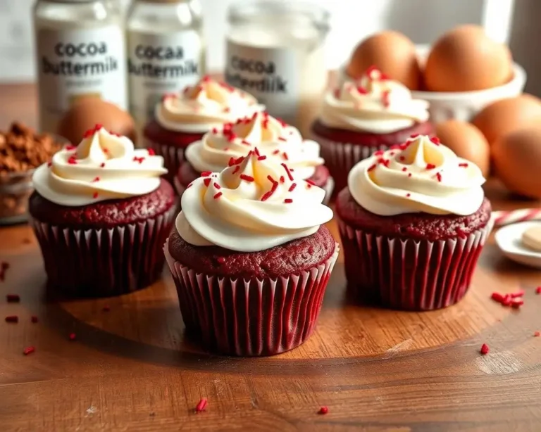 A close-up of red velvet cupcakes topped with creamy cream cheese frosting and a sprinkle of red velvet crumbs.