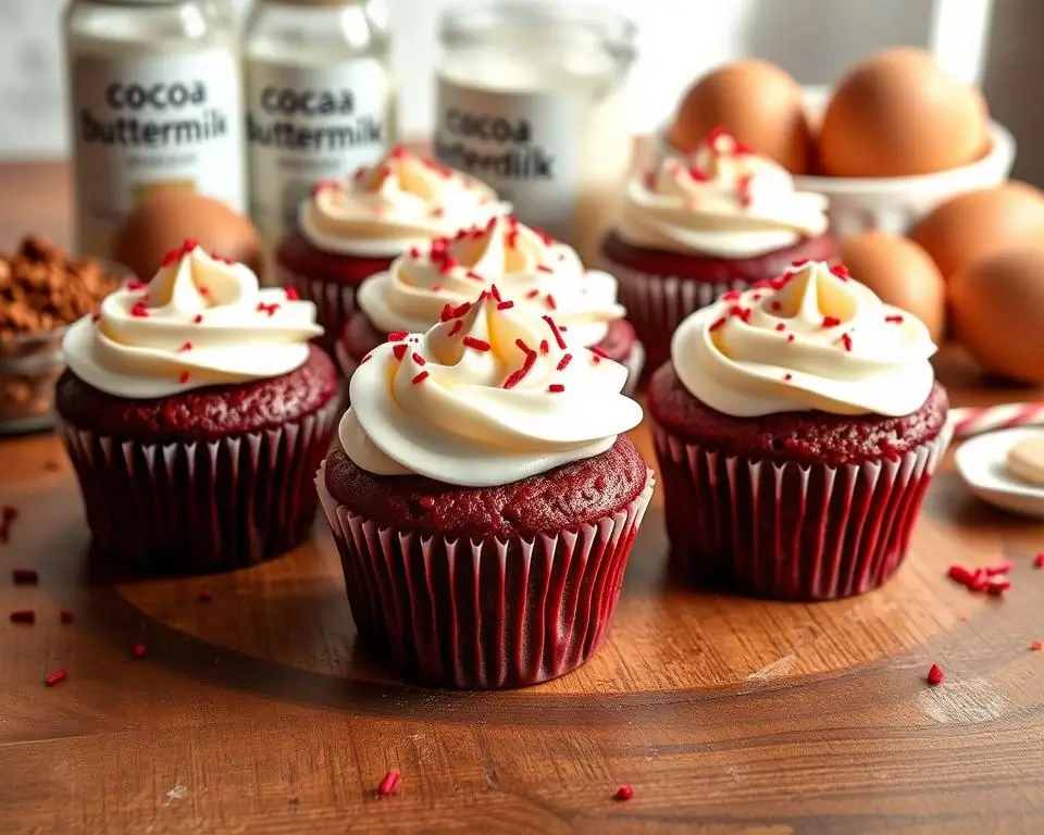 A close-up of red velvet cupcakes topped with creamy cream cheese frosting and a sprinkle of red velvet crumbs.