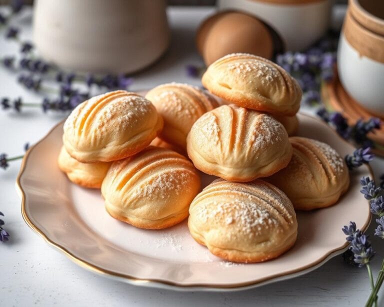 A plate of delicate madeleine cookies, golden brown with a light, airy texture