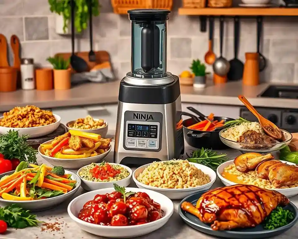 A collection of delicious dishes prepared using the Ninja Foodi, including tender meats, crispy vegetables, and creamy soups.