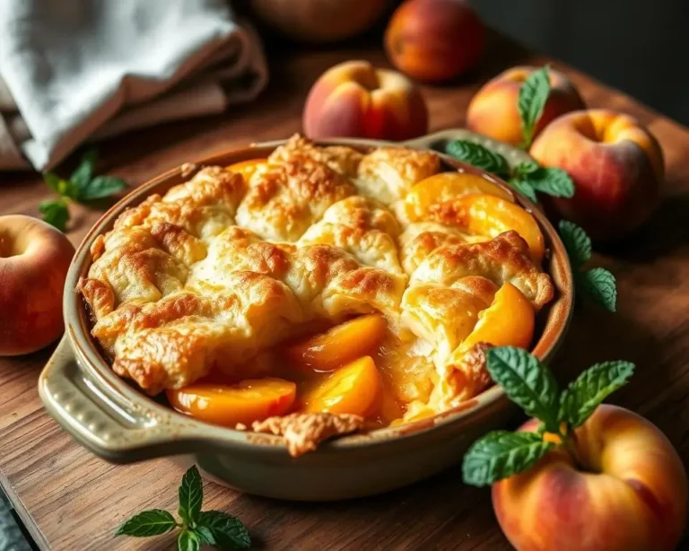 A freshly baked peach cobbler with a golden crust, served in a baking dish with a scoop of vanilla ice cream on the side.