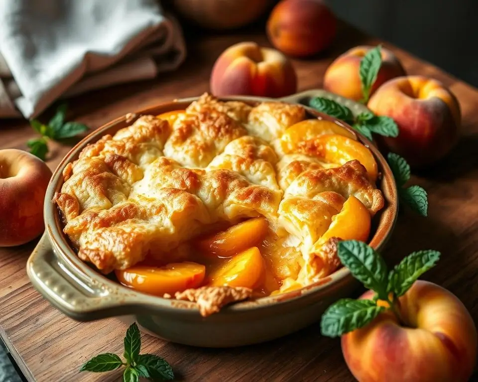 A freshly baked peach cobbler with a golden crust, served in a baking dish with a scoop of vanilla ice cream on the side.
