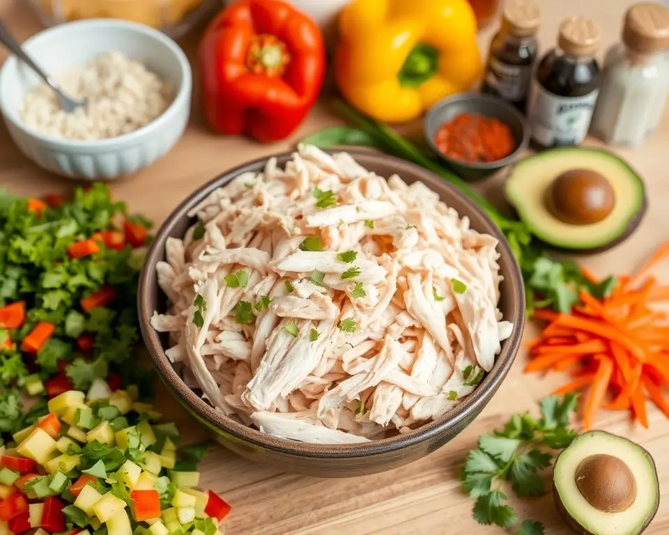A plate of shredded leftover rotisserie chicken used in a variety of dishes like tacos, salads, and casseroles.